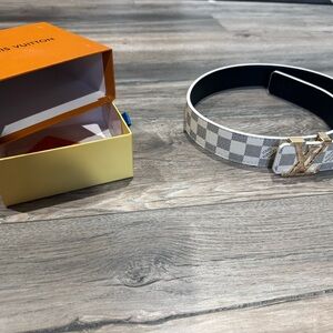 Louis Vuitton Damier Azur Canvas Belt with Gold LV Buckle - White